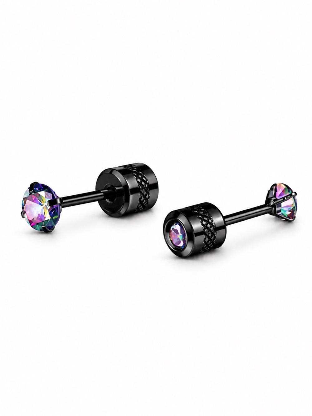 Black Rainbow CZ Double Ended Stud Earrings Stainless Steel Screw Back 3mm